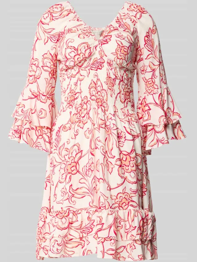 Apricot mini-jurk van viscose met V-hals koraal, foto 2