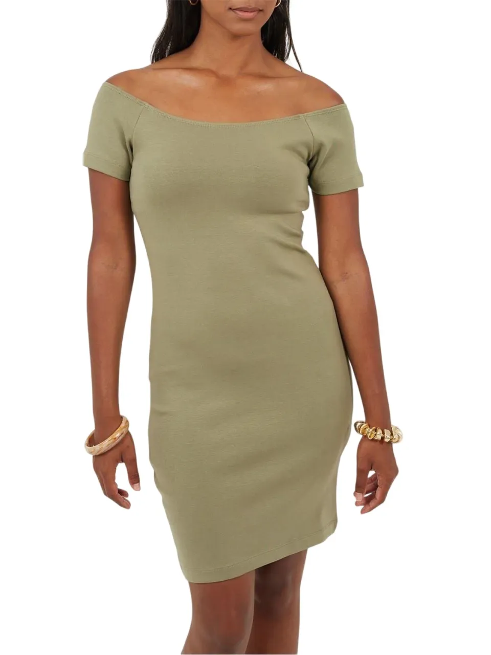 Brave Soul Dames Off Shoulder Korte Mouwen Bodycon Jurk (Khaki), foto 2