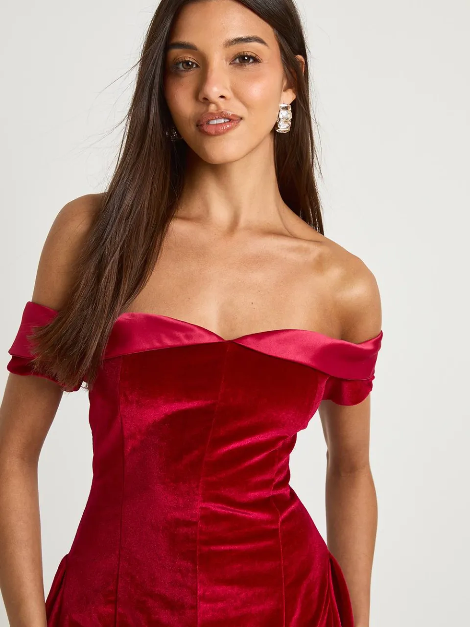 boohoo Dames Fluwelen Bardot Rok Mini Jurk rood, foto 4