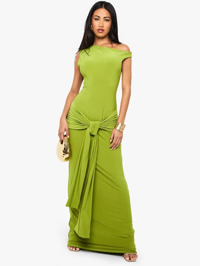 boohoo Dames Dubbele laag asymmetrische wrap-detail maxi-jurk Olijf