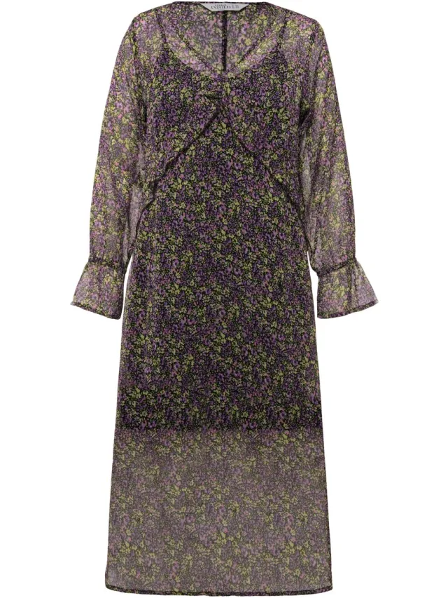 Studio Untold Dames - Maxi jurk A-lijn chiffon minimalistische bloemen V-hals - Lavendel - Maat 50+