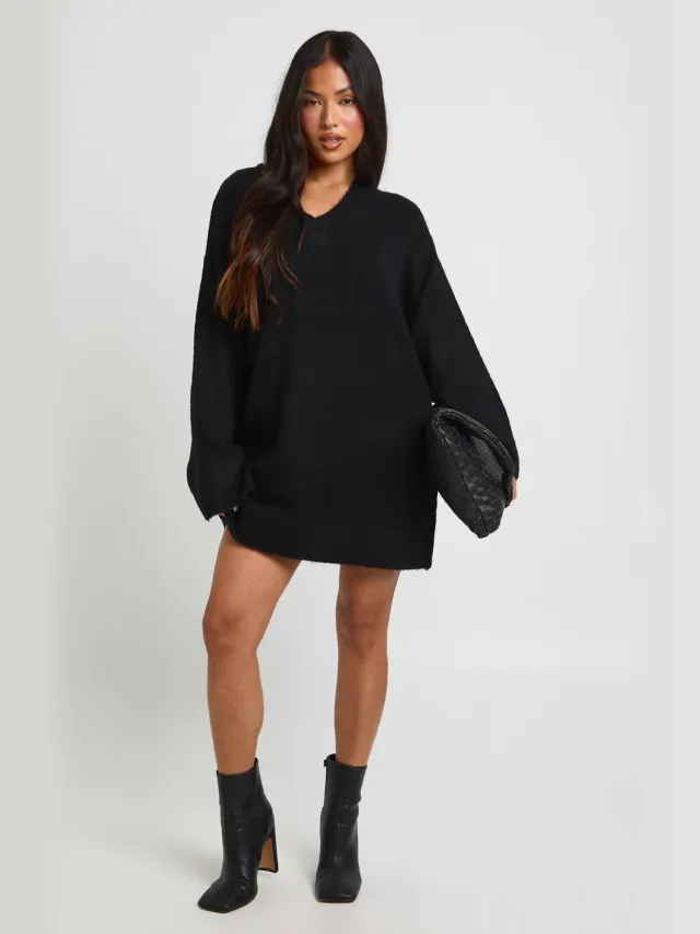 boohoo Dames Petite Superzachte Gebreide Mini-jurk Met V-hals Zwart
