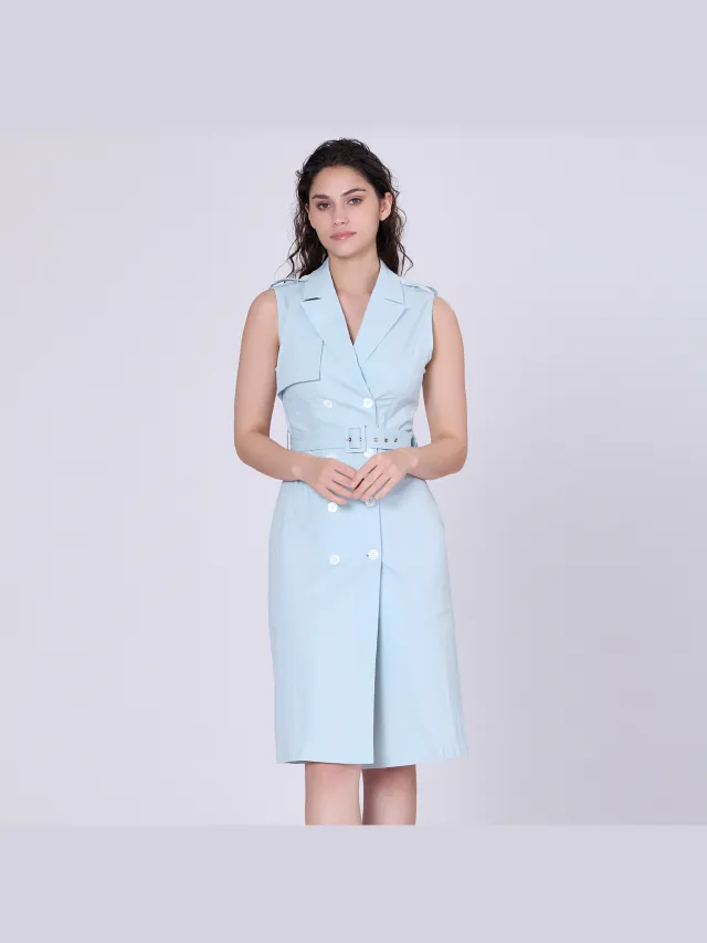 Smart & Joy Trench -stijl mouwloze jurk met dubbele borsten Hemelsblauw
