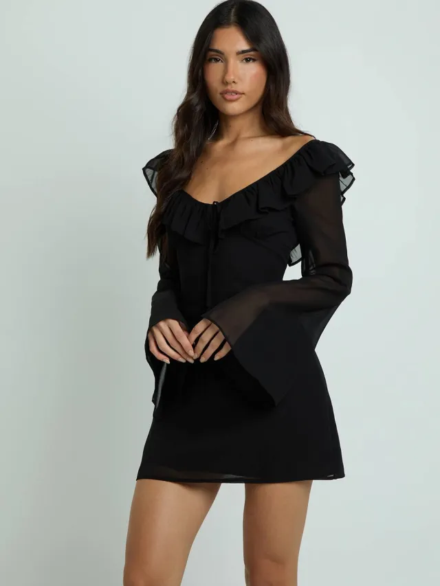 boohoo Dames Chiffon Ruffle Mini-jurk Met V-hals Zwart
