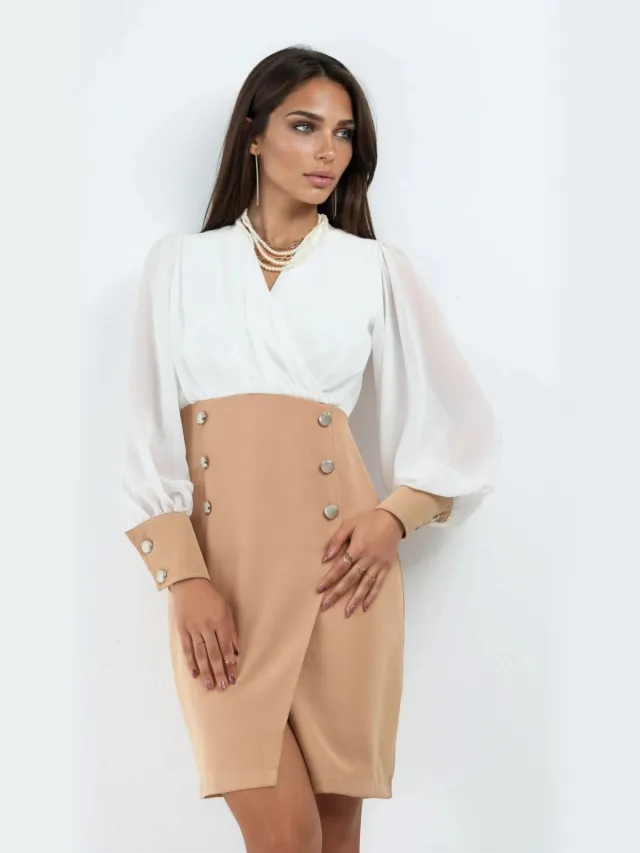MSN Collection V-hals Midi-jurk met Knoopdetails Bruin