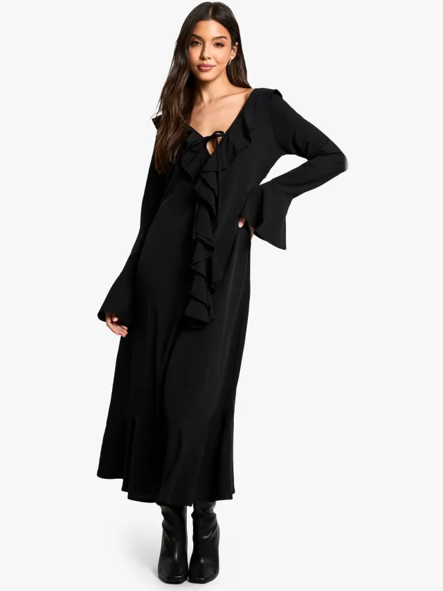 boohoo Dames Textuurvolle Ruffle Lange Mouw Midaxi Jurk Zwart