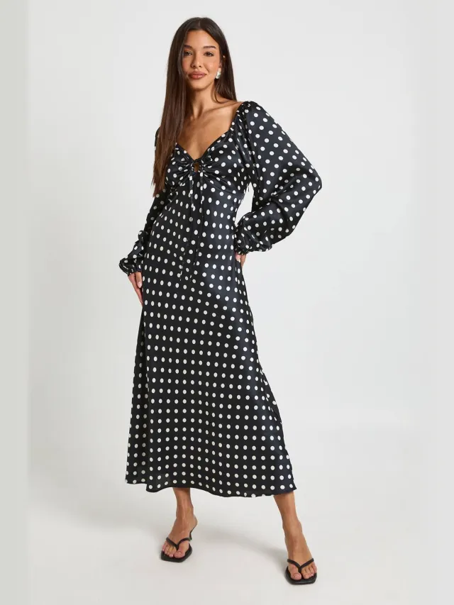 boohoo Dames Satijnen Midaxi Jurk Met Polkadots En Volumineuze Mouwen Zwart