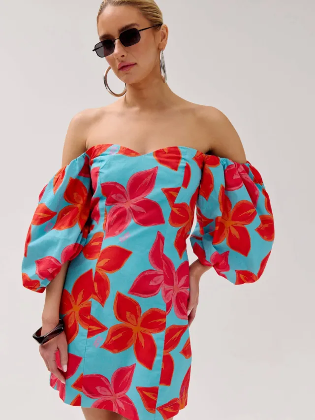 Harper & Yve gebloemde off shoulder jurk blauw, foto 4