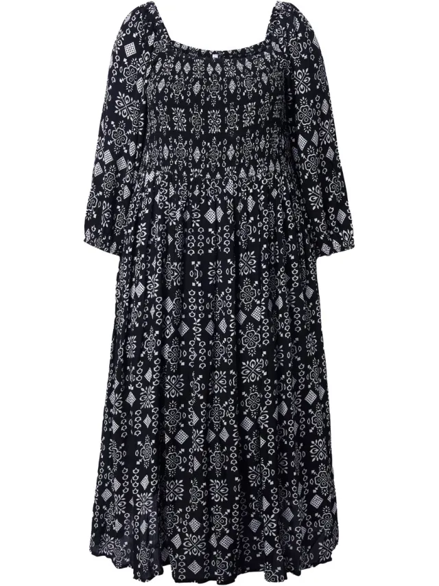 Ulla Popken Dames - Maxi-jurk A-lijn carréhals 3/4-mouwen - Zwart - Maat 54+