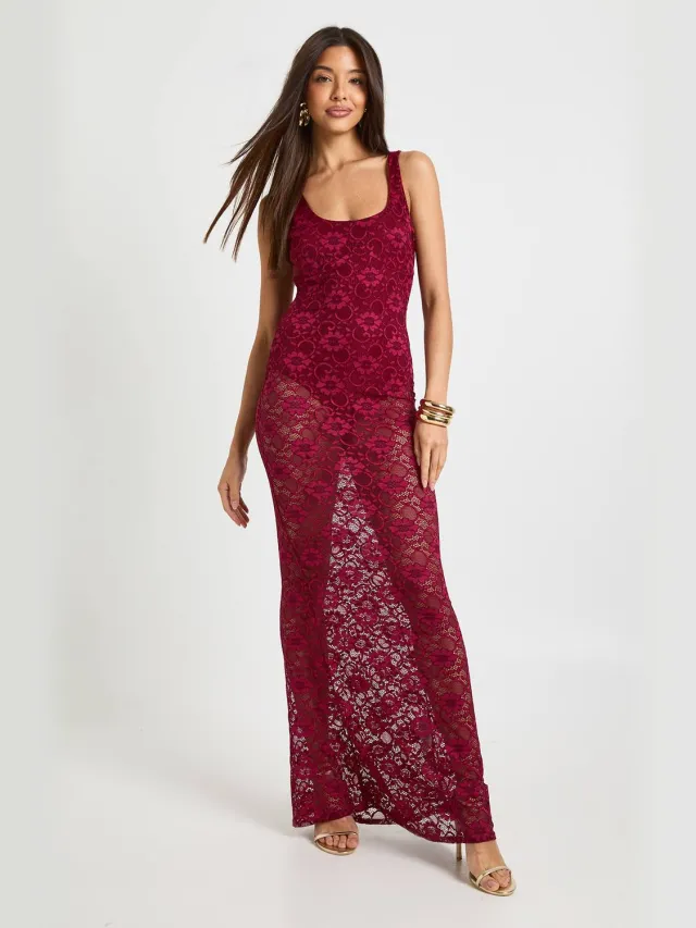boohoo Dames Kant Ronde Hals Doorzichtige Rok Maxi Jurk Bordeaux Rood