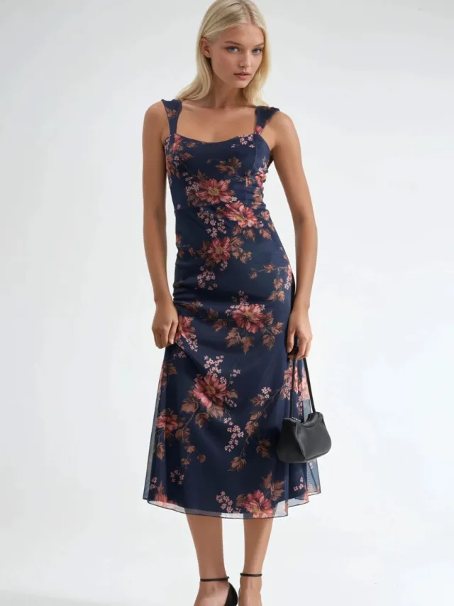 Hiccup Bloemen Maxi Jurk met Hartkraag Marineblauw