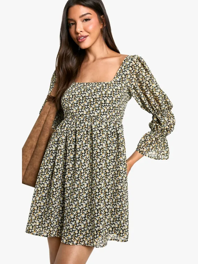 boohoo Dames Bloemen geplooide smock jurk met pofmouwen Zwart