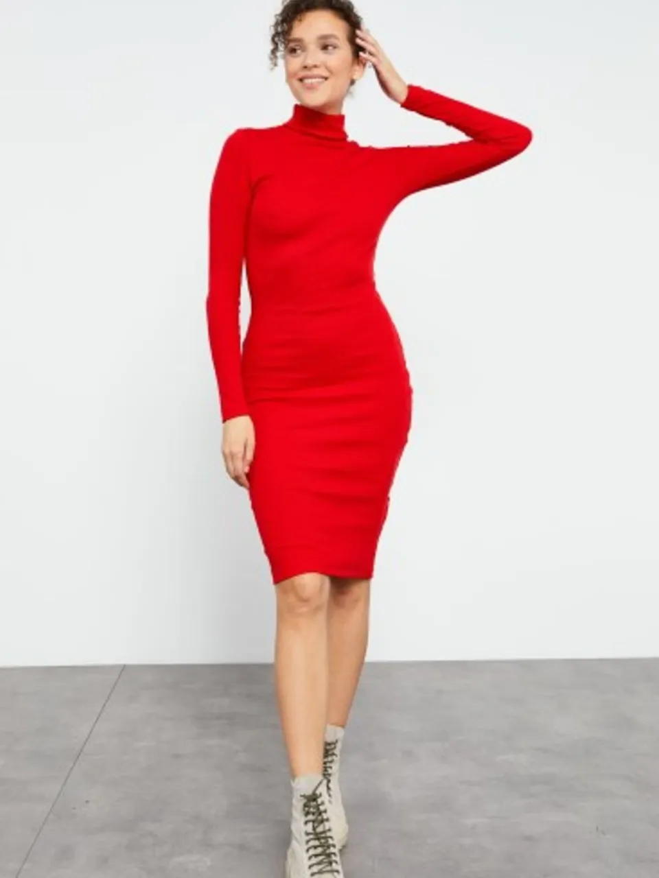 Tommy Life Geribbelde Col Midi-jurk Rood