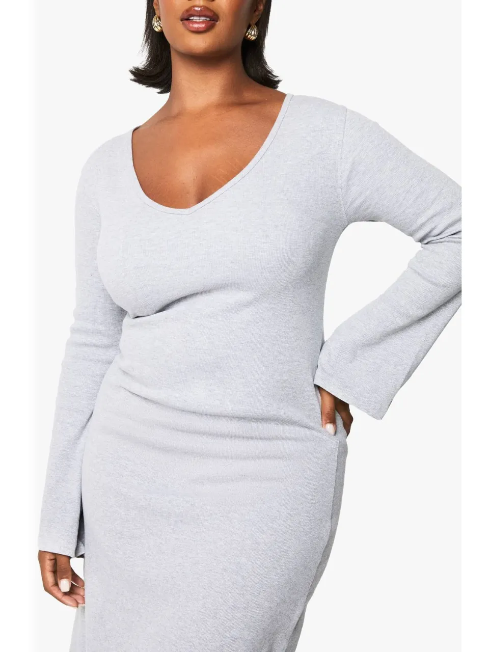 boohoo Dames Plus Basic Rib Flare Sleeve V Neck Dress grijze mergel, foto 2