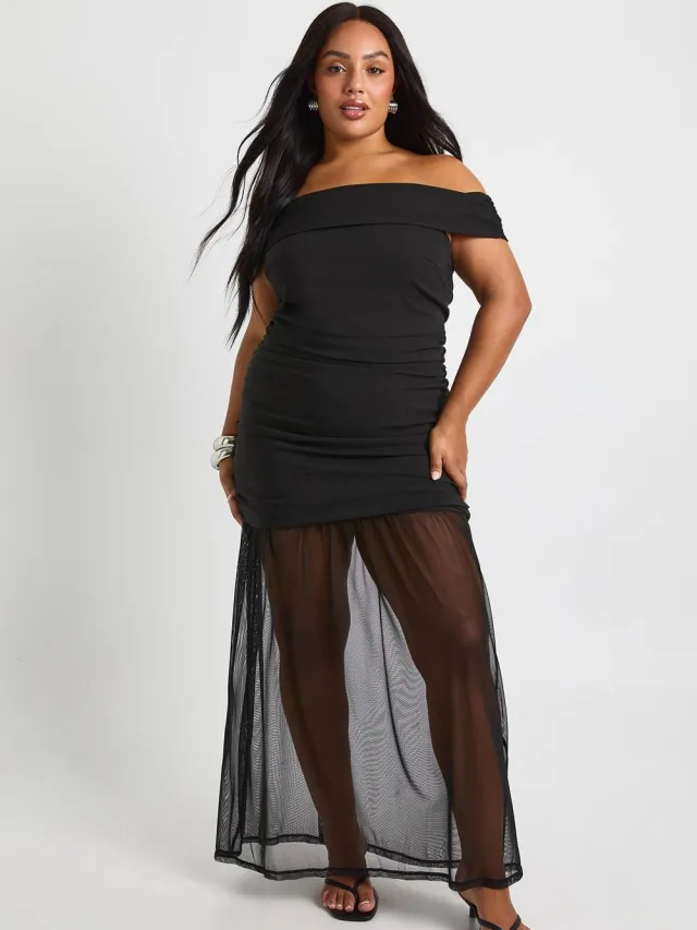 boohoo Dames Plus Bardot Gerafelde Maxi-jurk Zwart