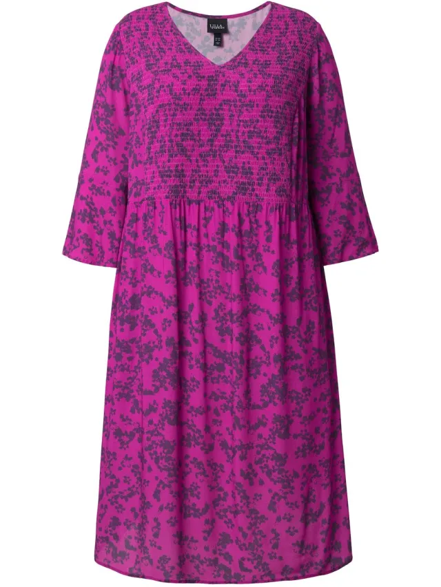 Ulla Popken Dames - Midi-jurk bloemen A-lijn V-hals 3/4-mouwen - Paarse krokus - Maat 46+