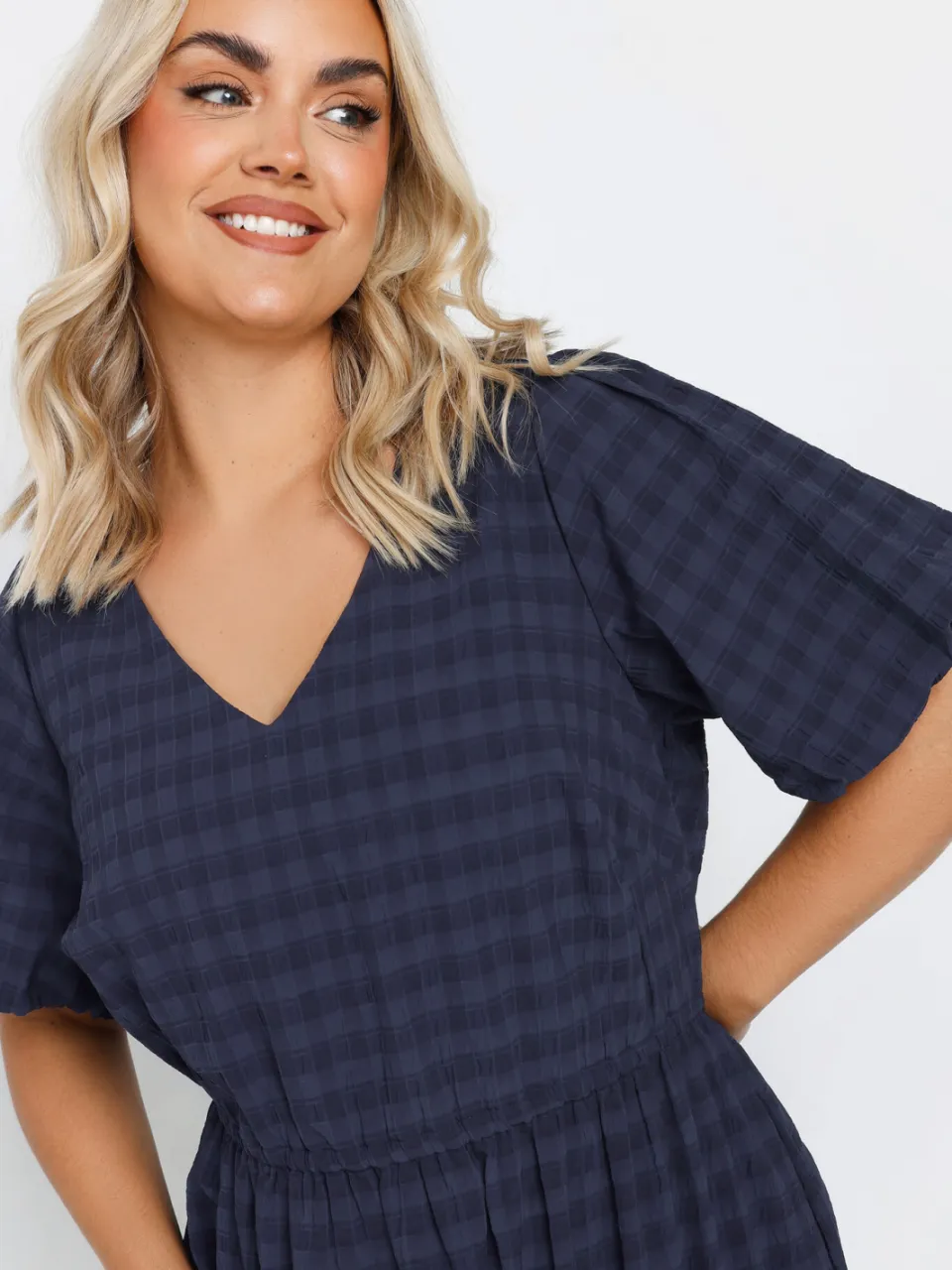 Yours Geruite Midi Jurk Met Textuur En Korte Mouwen In Donkerblauw blauw, foto 4