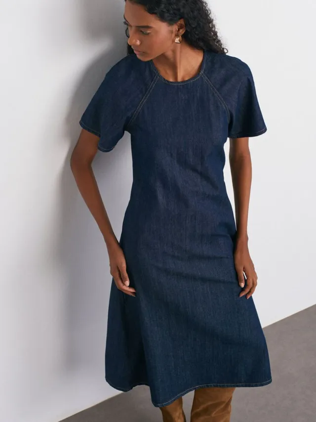Dilvin Katoenen Denim Midi A-lijn Jurk Donkerblauw