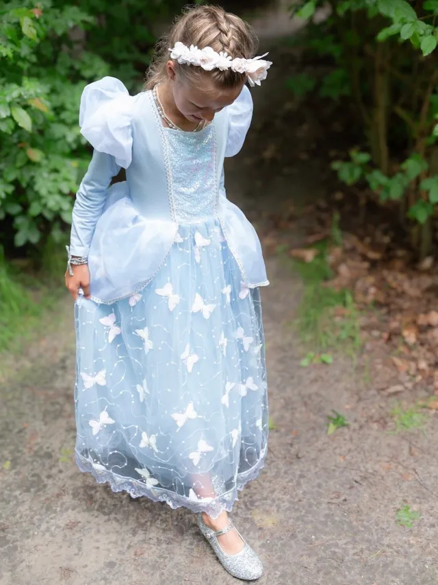 Prinsessendroom Magische Assepoester Jurk - 98/104 (2/3 jaar) - Prinsessenjurk - Verkleed kleding - Feestjurk Blauw