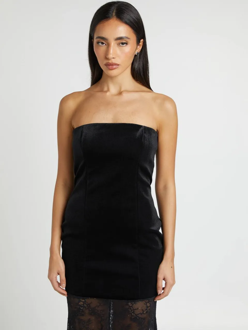boohoo Dames Fluwelen Bandeau Hotfix Kanten Maxi Jurk zwart, foto 2