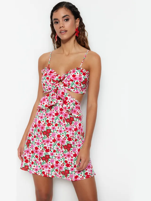 Trendyol TRENDYOLMİLLA Dames Meerkleurig Bloemen Kort / Mini Mouwloos Strandkleding Skater Strandjurken Veelkleurig