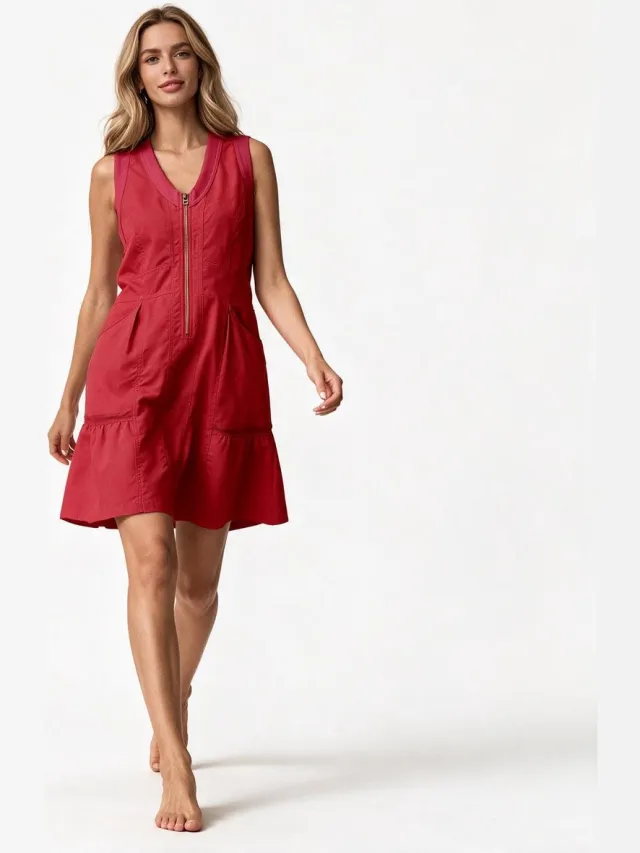Imily Bela Dames Mouwloze Mini Jurk met V-hals en Knopen rood