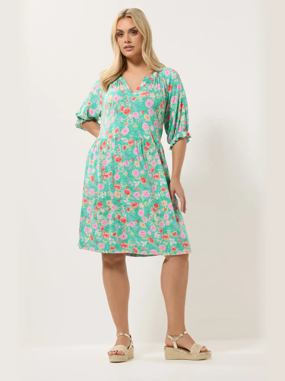 Yours Groene Jurk Met Bloemenprint En Inkeping In De Hals, foto 2