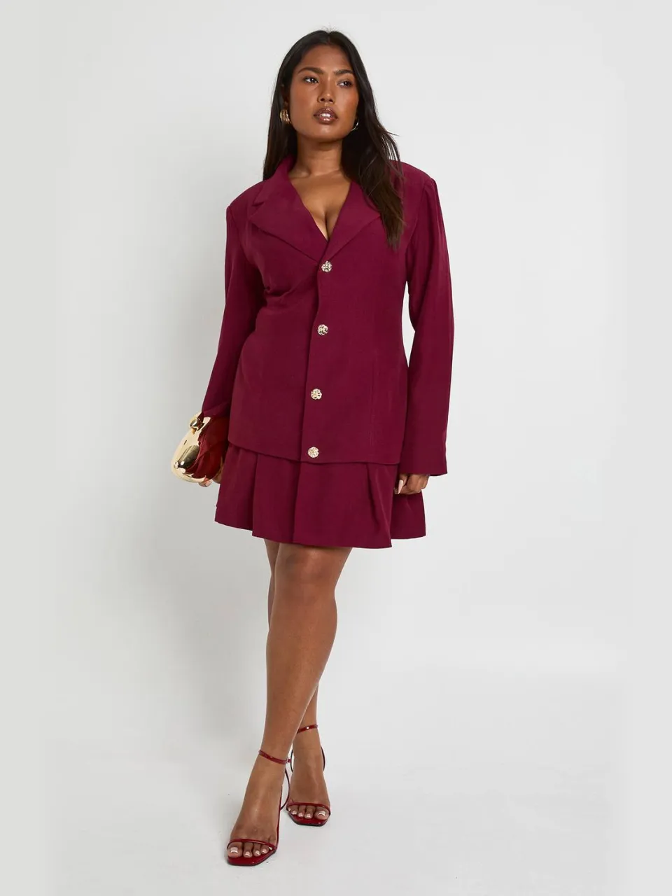 boohoo Dames Plus Blazerjurk met geplooide zoom bordeaux rood, foto 3