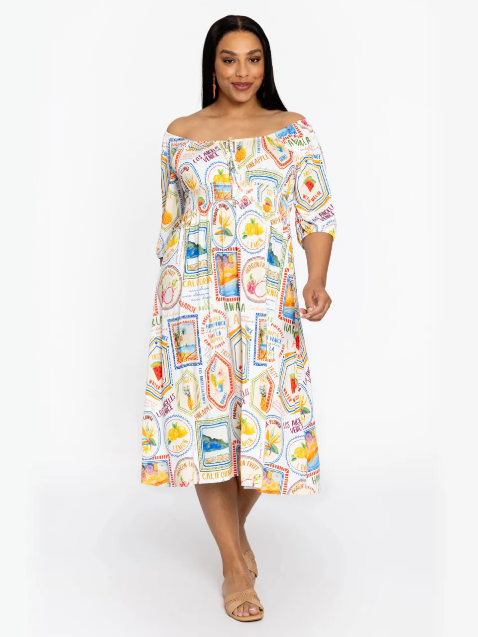 Yoek midi jurk met print ecru, foto 3