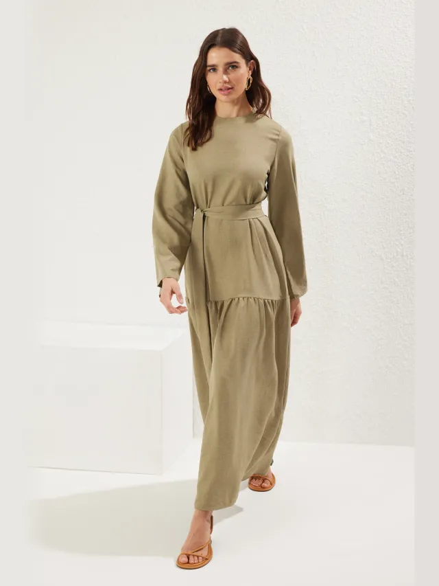 Trendyol Modest Dames Kaki Effen Maxi Lang Casual A-lijn Modest Jurken
