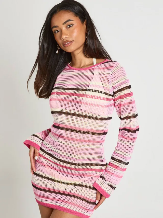 boohoo Dames Strand Gehaakte Gestreepte Gebreide Mini Jurk Roze