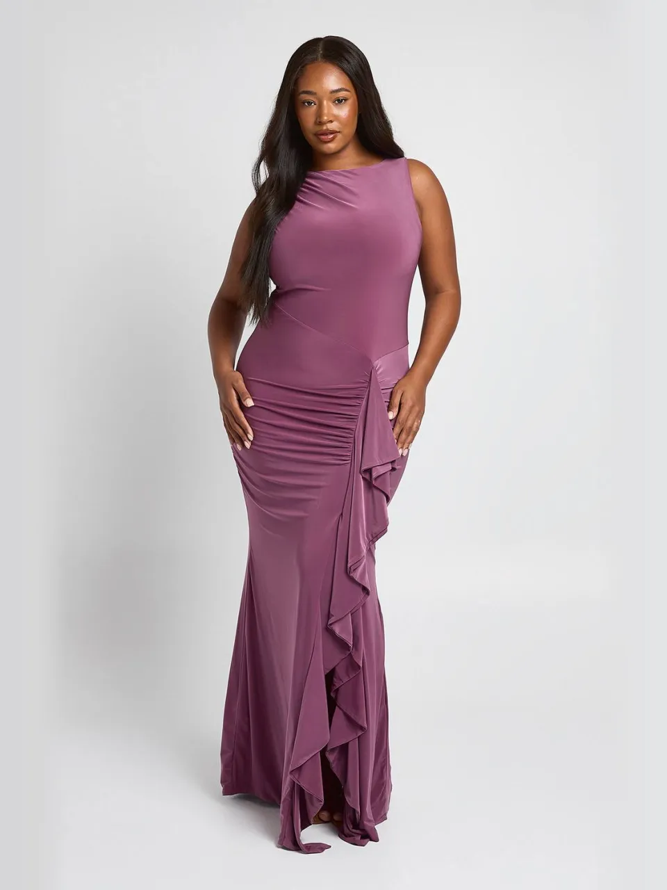 boohoo Dames Plus Zachte Touch Ruches Detail Maxi Jurk mauve, foto 3