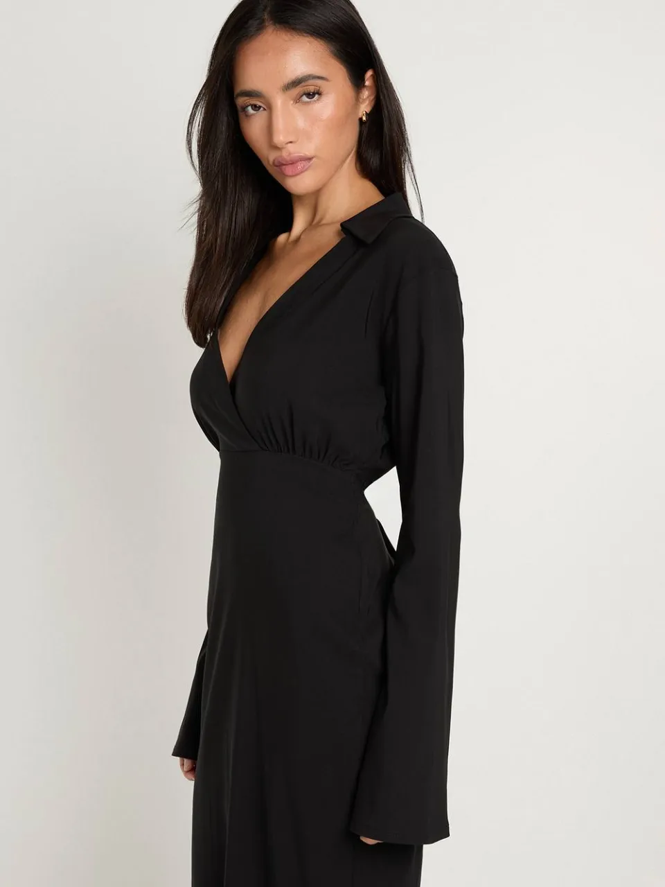 boohoo Dames Bengaline Wikkel Jurk Met Gerimpelde Taille zwart, foto 3