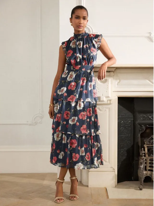 Next Dames - Bedrukte maxi-jurk met hoge hals en gelaagde rok voor speciale gelegenheden - Blauw Navy Blue Floral