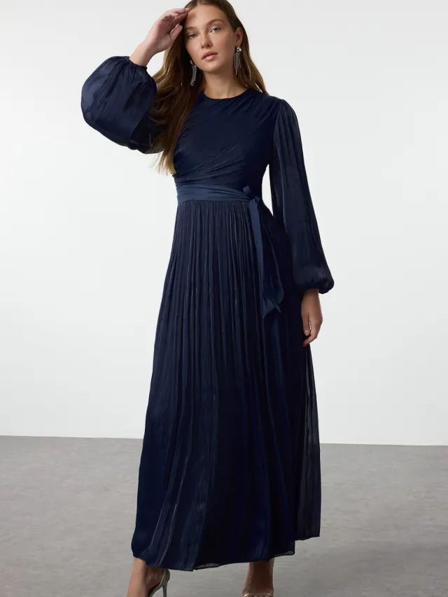 Trendyol Modest Dames Donkerblauw Effen Maxi Lang Stijlvol/Avond Skater Modest Avond Jurken Marineblauw/Blauw