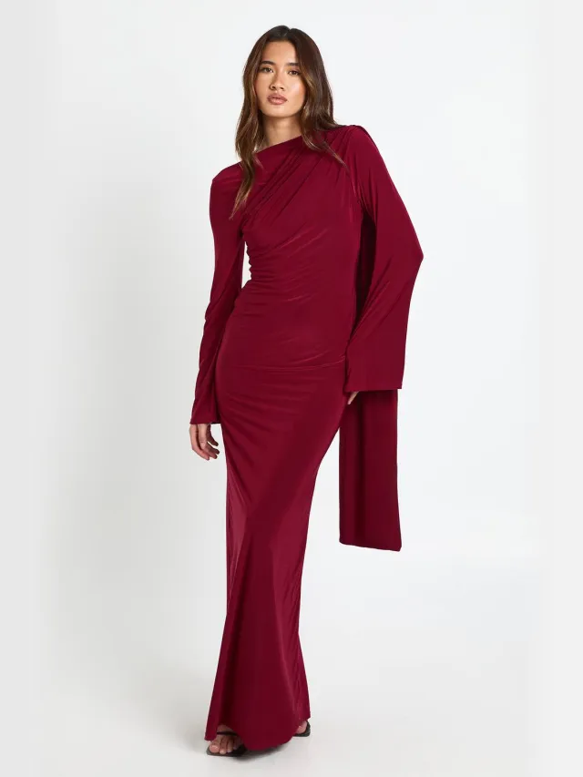 boohoo Dames Maxi-jurk met lange mouwen en drape details Bordeaux Rood