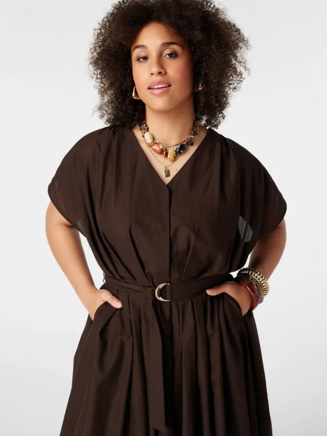 MS Mode Plus Size midi jurk met ceintuur - bruin