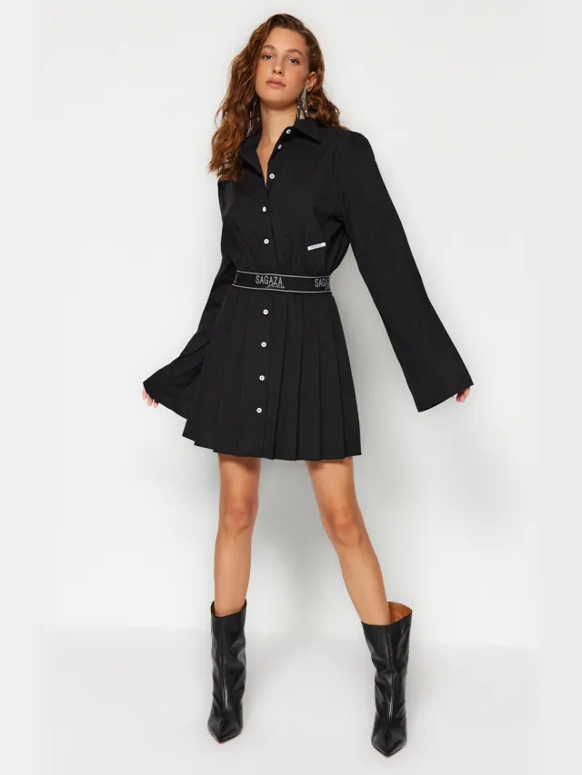 Trendyol TRENDYOLMİLLA Dames Zwart Effen Kort / Mini Lang Stijlvol/Avond Blousejurk Jurken