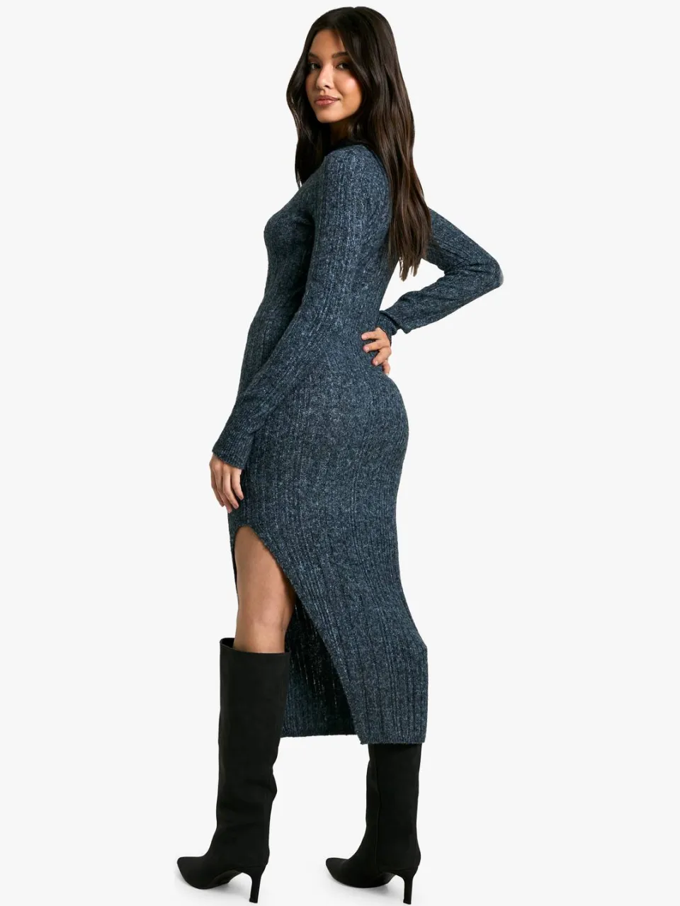 boohoo Dames Marl Gebreide Midaxi Jurk marineblauw, foto 2