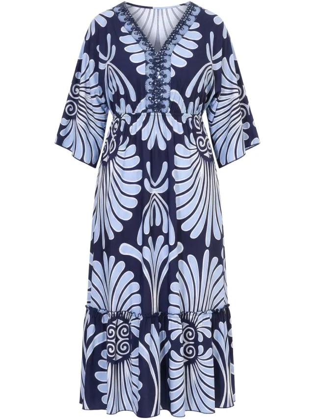 Ulla Popken Dames - Maxi-jurk cotton touch V-hals Dolman-mouwen - Marine - Maat 46+