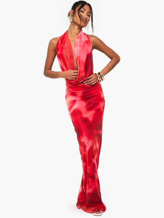 boohoo Dames Florale halterneck mesh maxi-jurk Rood