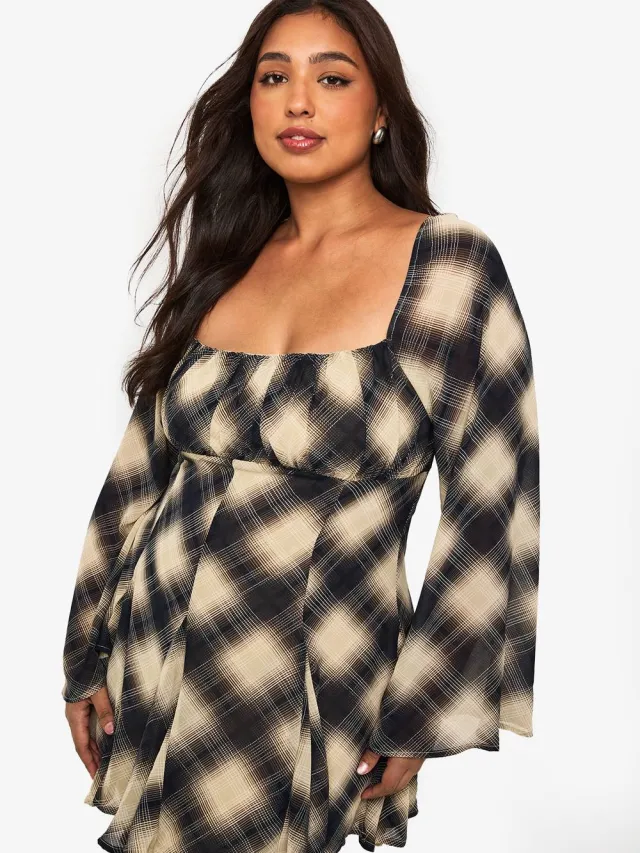 boohoo Dames Plus Check Godet Skater Steen