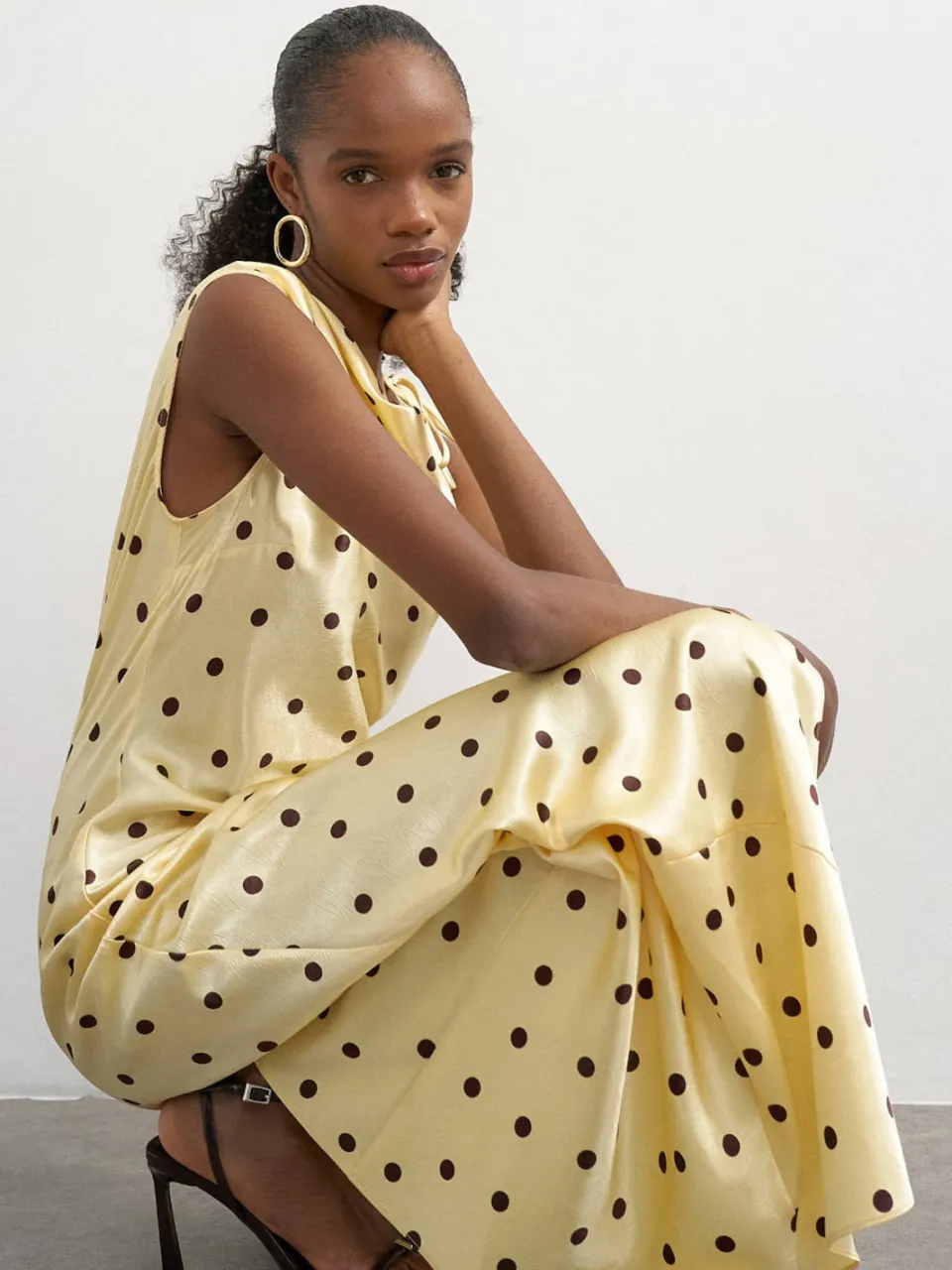 Topshop satijnen maxi jurk met stippen lichtgeel lichtgeel/bruin, foto 2