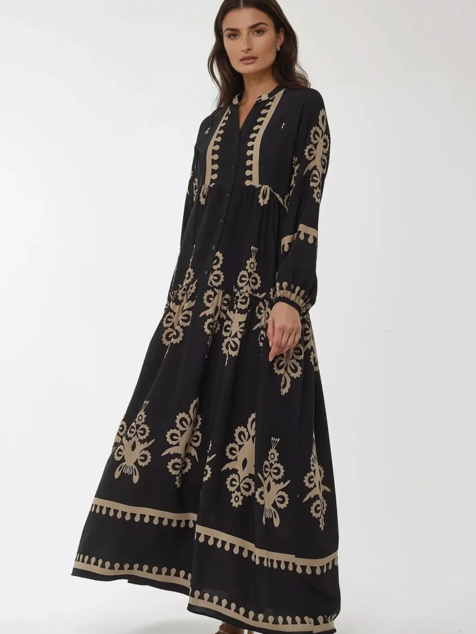 Hiccup Geprinte Lange Mouw Viscose Maxi Jurk zwart, foto 2