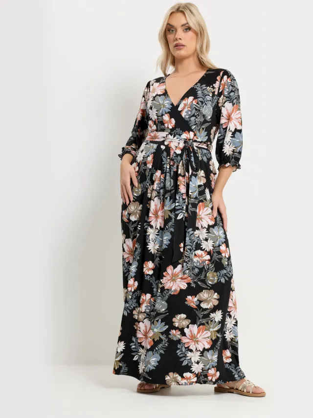 Yours Zwarte Wikkeljurk Met Bloemenprint En Vhals Black