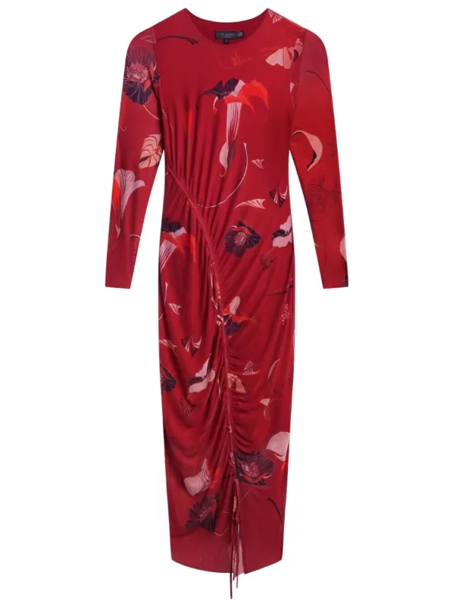 Ted Baker Jazzy Bodycon Mesh Gathered Red Midi Dress donkerrood, foto 2