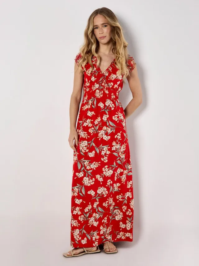 Apricot Jasmine bloemenprint wikkel maxi-jurk rood