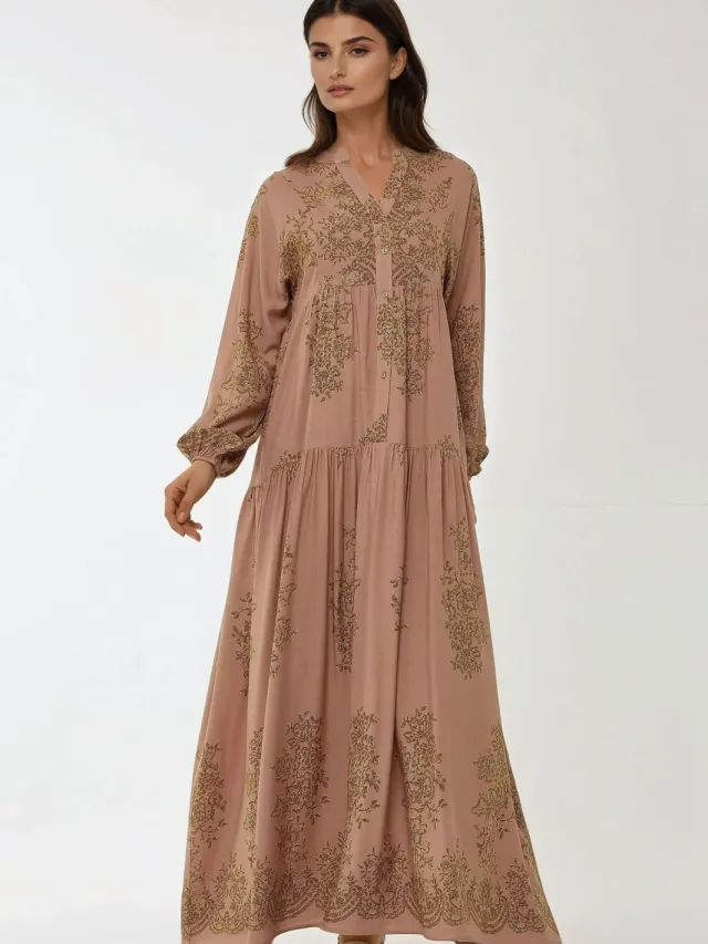 Hiccup Geprinte Viscose Maxi Jurk met Blousekraag Bruin