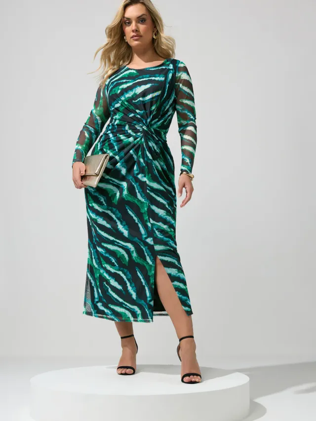 Yours London Mintgroene Zebra Mesh Midijurk Met Zijknoop Green