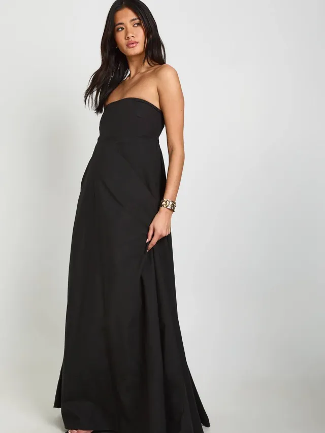boohoo Dames Katoenen Poplin Maxi Jurk Met Gerimpelde Elastische Rug Zwart